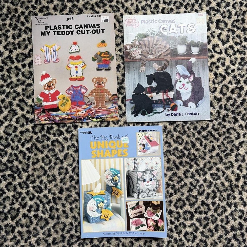 Lot Of 3 Plastic Canvas Design Art Books- Unique Shapes, Cats, Teddy Bear Craft